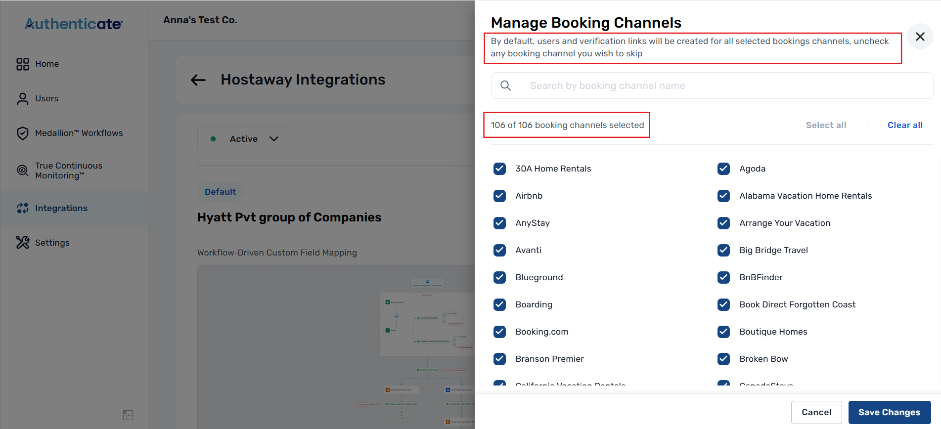Manage Booking Channels panel with all channels selected