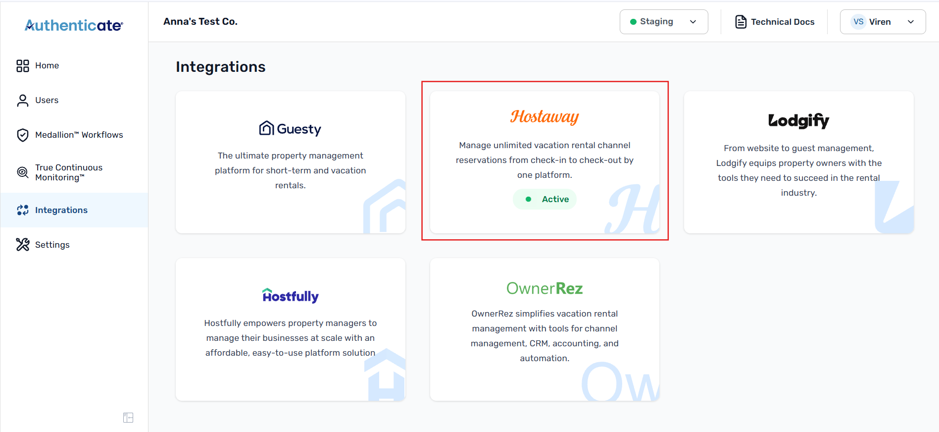 Integrations page in the Authenticate portal
