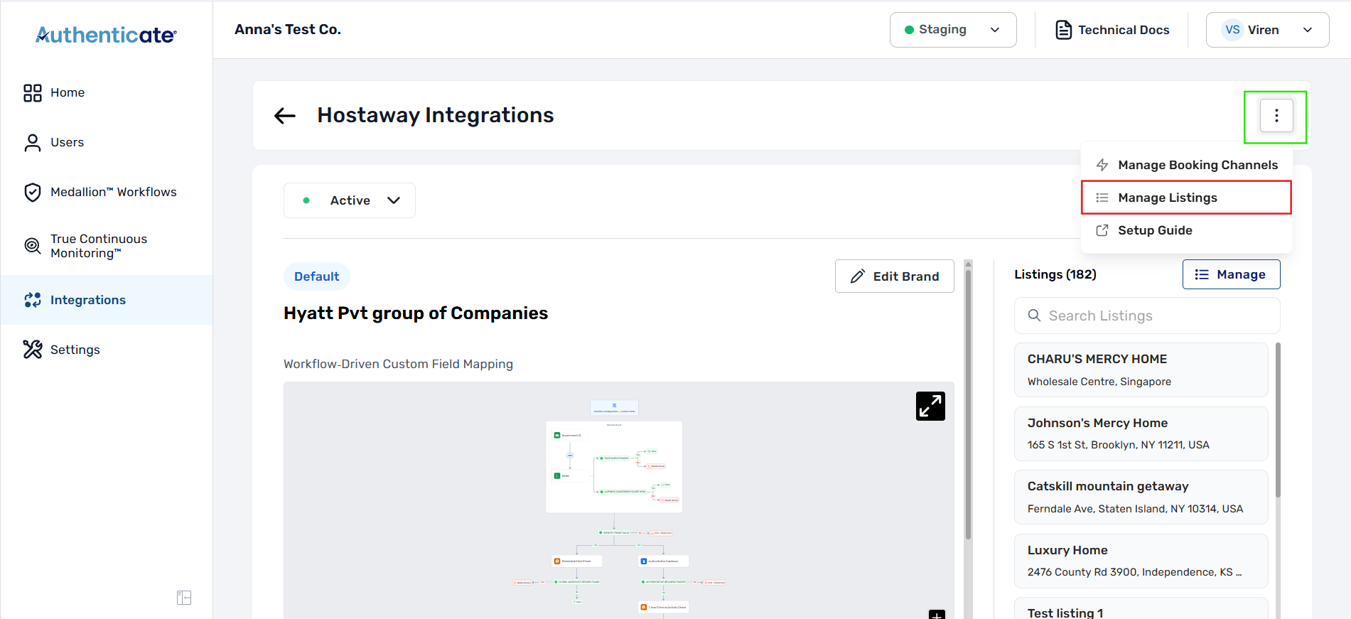 Manage Listings option in the integration menu
